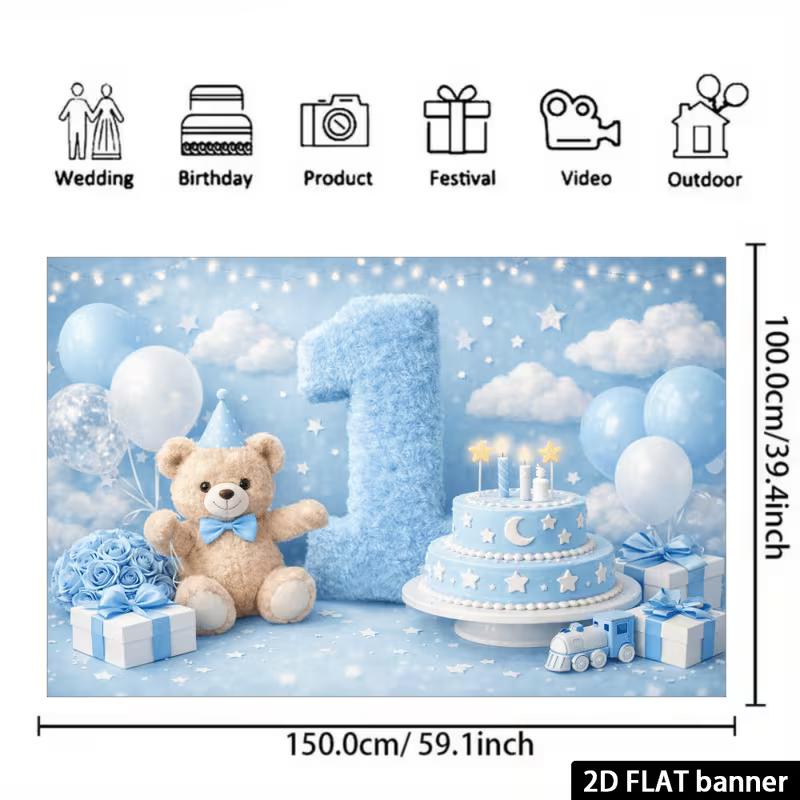 2D Teddy Bear 1st Birthday Backdrop for Newborn Photography