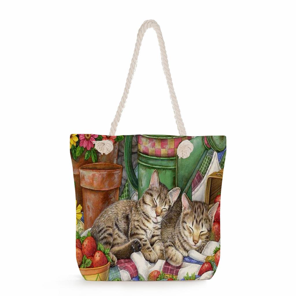 Cat print thick rope single-shoulder beach bag 7228