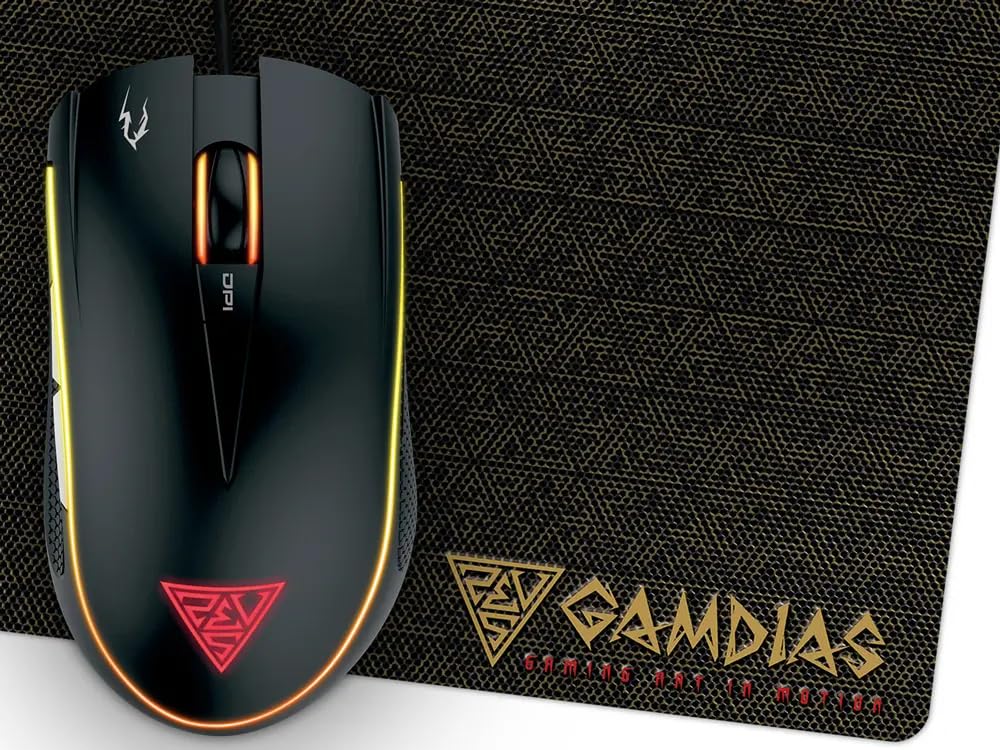 GAMDIAS Optical Gaming Mouse with Mouse Mat, Multi-Color Lighting, 4-Level Adjustable 1200-3200 DPI, and 6 Buttons (ZEUS E2)