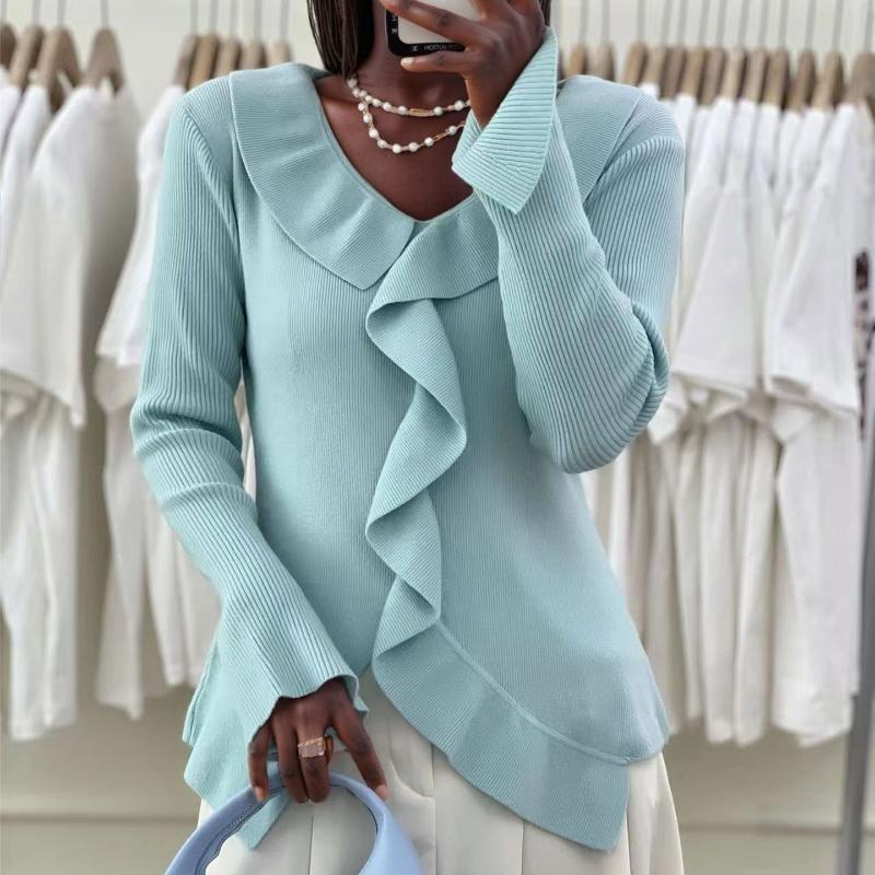 

Женская мода повседневная осень-зима однотонный принт длинный рукав V-образный вырез свитера One Size синий