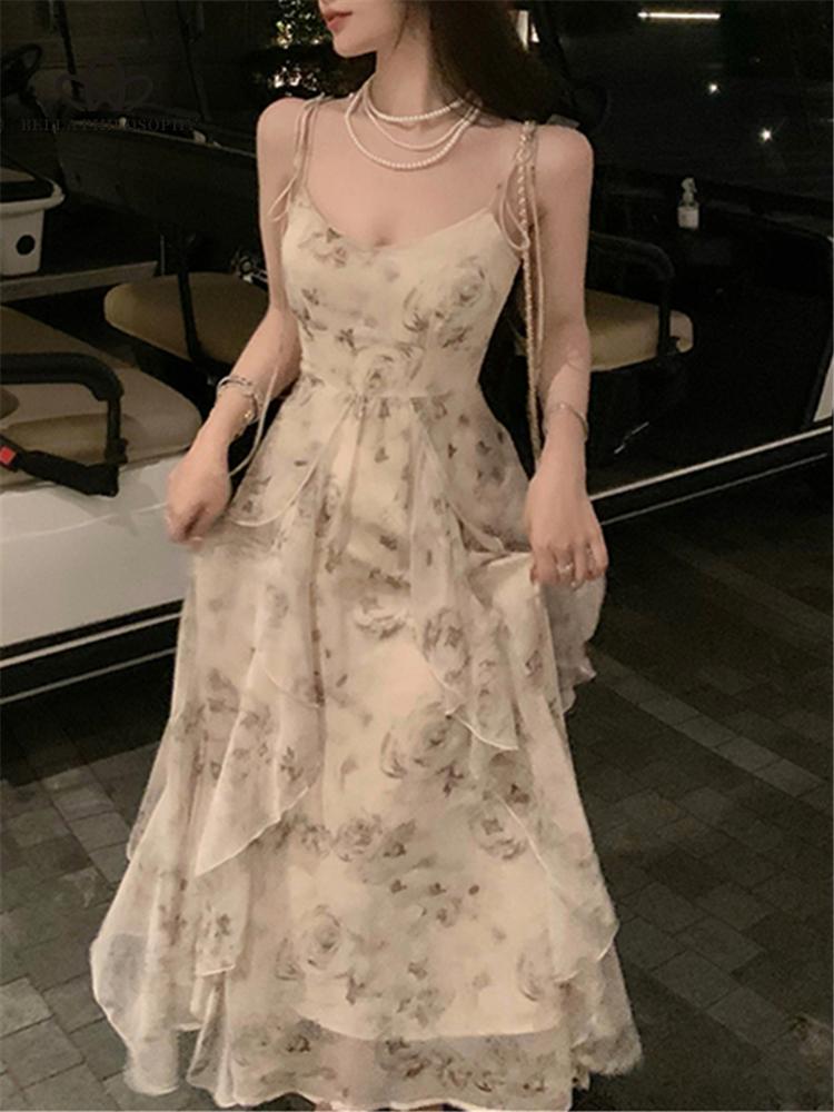 Spaghetti Strap Ruffles Dress Summer Women Fashion Elegant Midi Print Vintage Dresses Female Evening Clothes Vestdios