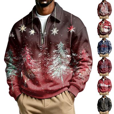 Men's Casual Christmas Print Quarter-Zip Sweatshirt with Collar