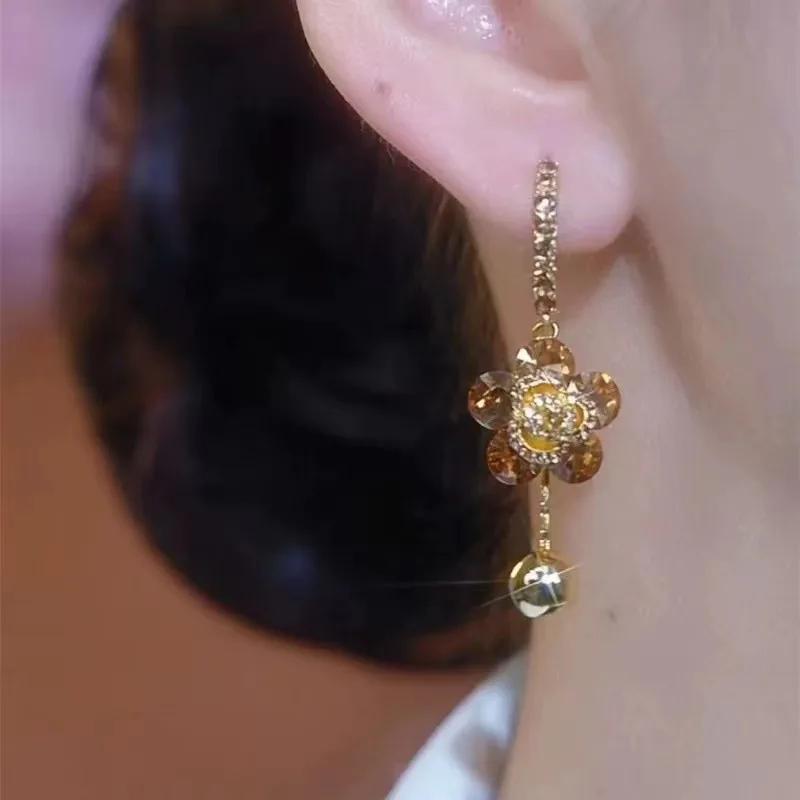 Delicate Sparkling Inlaid Zirconia Flower Round Bead Drop Earrings Women's Fashion Luxury Wedding Party  Accessories