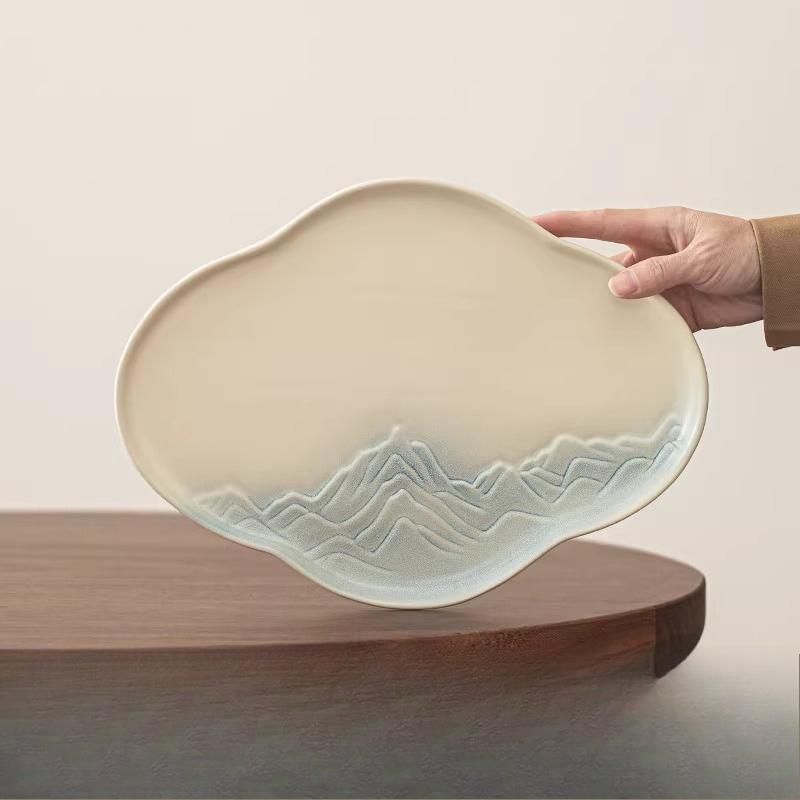 Ceramic Tea Tray Landscape Carved Fruit Platter Chinese Teapot Tray Household Dry Foam Table Tea Tray Tea Ceremony Accessories 32x23x2cm