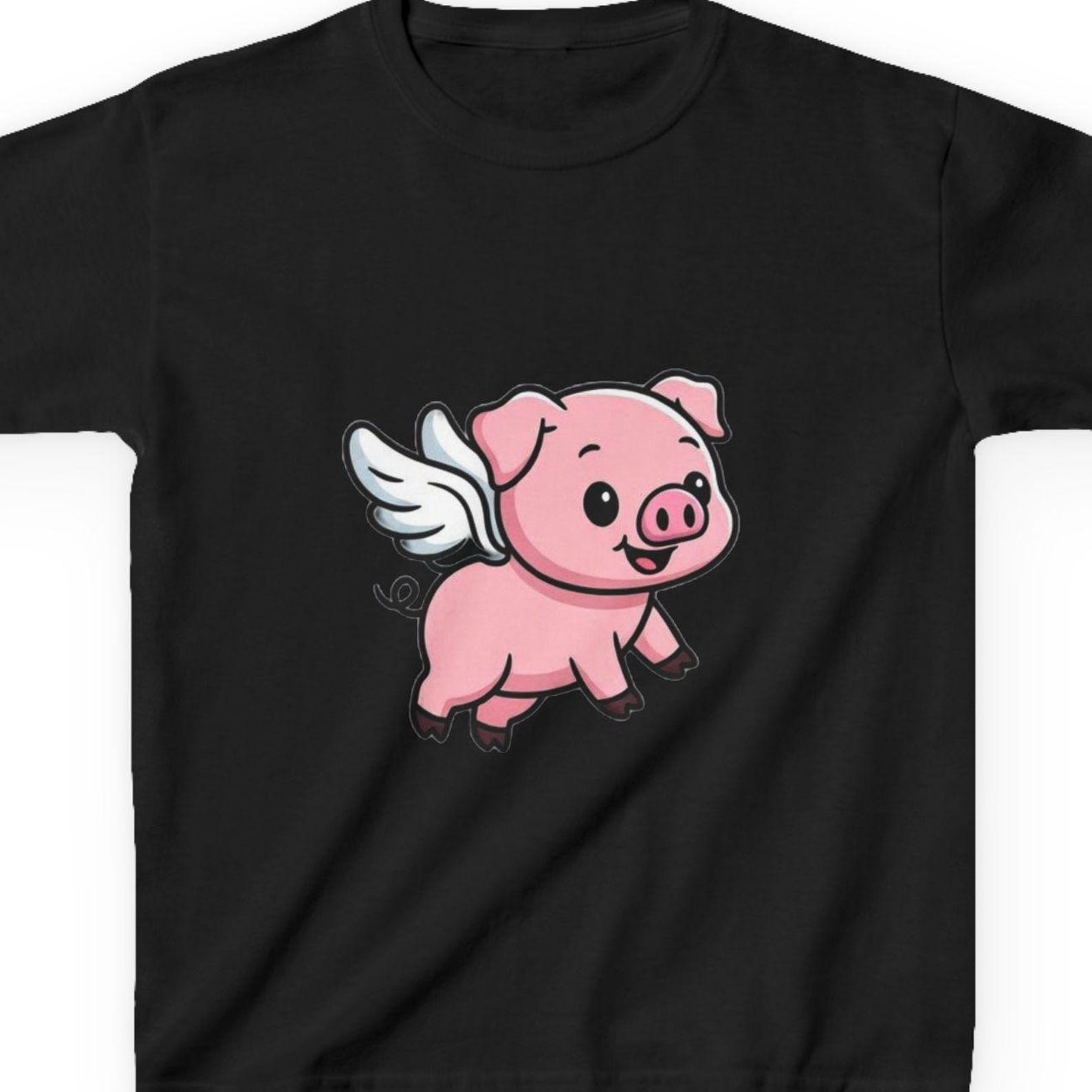 Flying Pink Pig Kids Tee | Cute Winged Pig Cartoon, Farm Animal Shirt 100