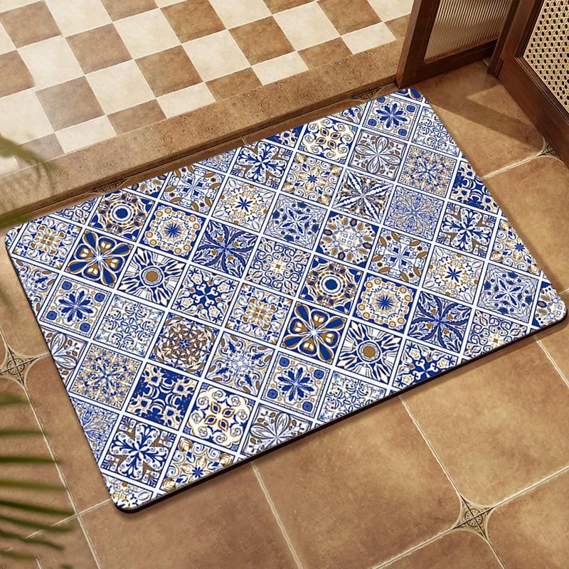 Retro Persian Grid Ethnic Style Diatomaceous Mud Floor Mat Bathroom Absorbent Anti Slip Foot Mat Entrance Foyer Door Mat