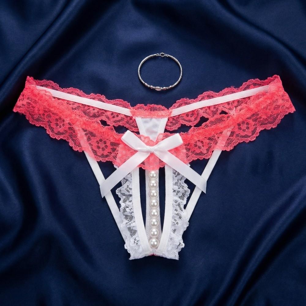 Open Crotch Lace Pearl Panties Low Waist See-through Thong Underwear for Women Ladies Girls