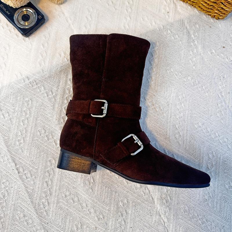 New retro suede short boots autumn and winter Martin boots casual pointed western denim buckle women's boots tide