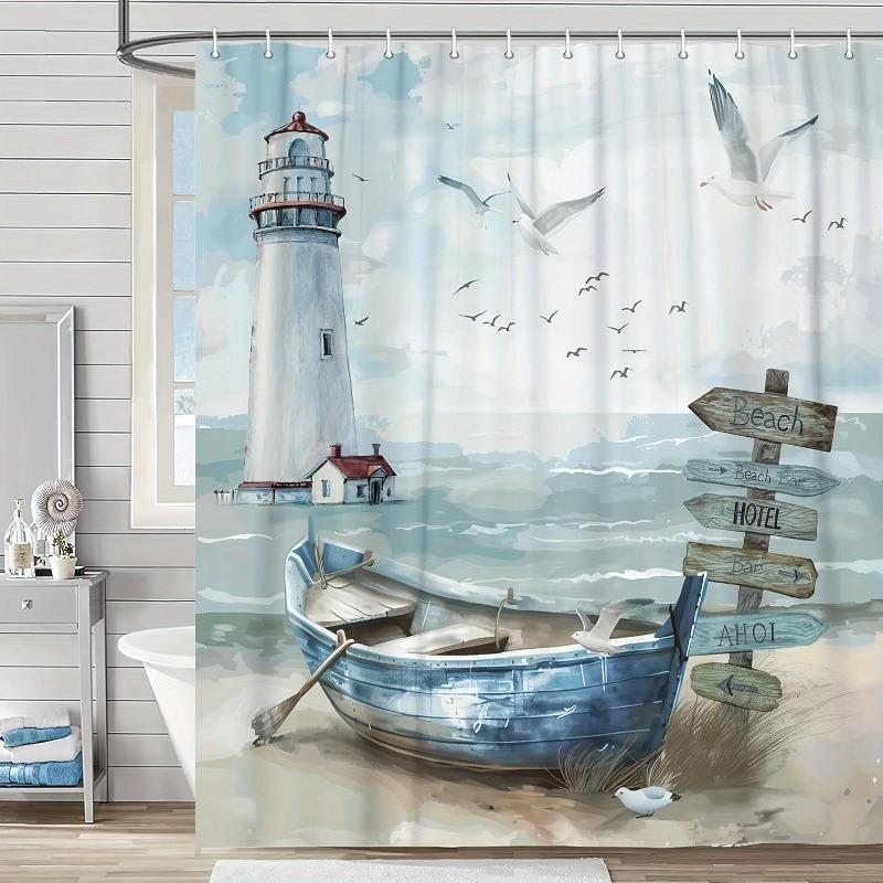 

1Pc Nautical Coastal Shower Curtain Ocean Beach Lighthouse - With Hooks Waterproof Mildew Proof Easy Install Washable W60H190(CM)-1 Pcs
