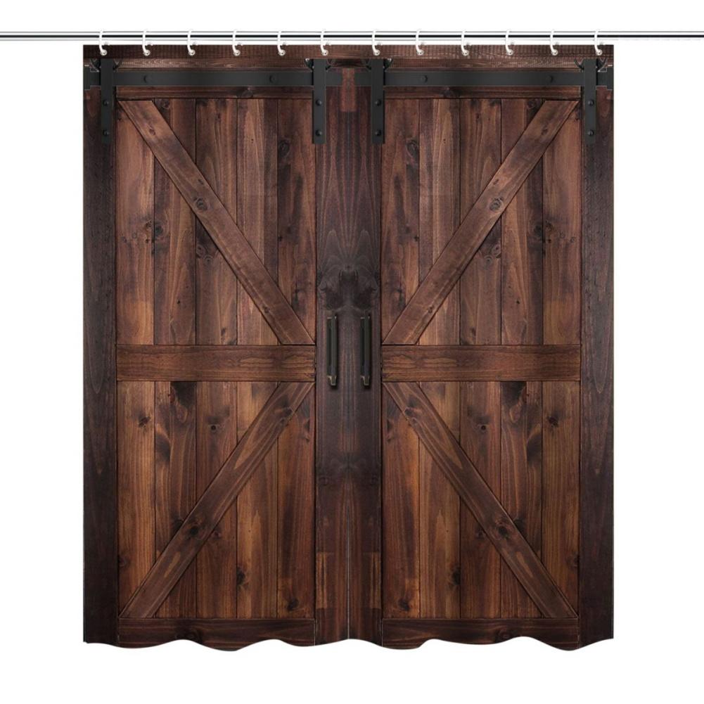 183*183cm Farmhouse Wooden Barn Door Style Shower Curtain Bathroom Curtain with Hooks