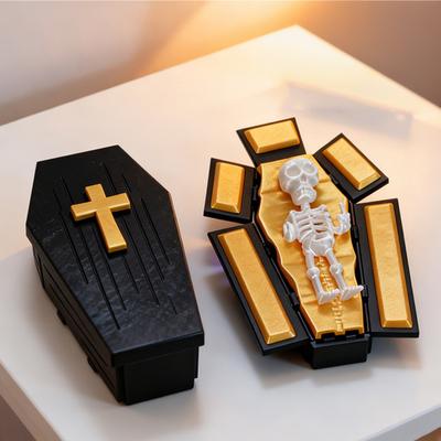 Folding Coffins Figurine 3D Printed with Skeleton Ornament, Miniature Articulated Statue, Gothic Window Decor Dark Desktop Decoration for Halloween