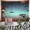 Black Cat and Spider with Autumn Leaves Pattern Wall Hanging Tapestry Decorative Tapestry Home Decor for Bedroom and Living Room
