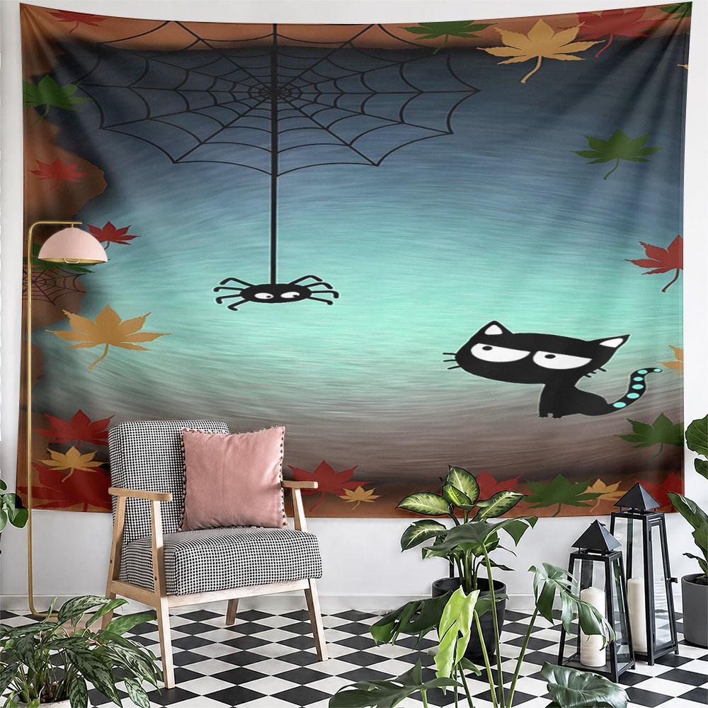 Black Cat and Spider with Autumn Leaves Pattern Wall Hanging Tapestry Decorative Tapestry Home Decor for Bedroom and Living Room