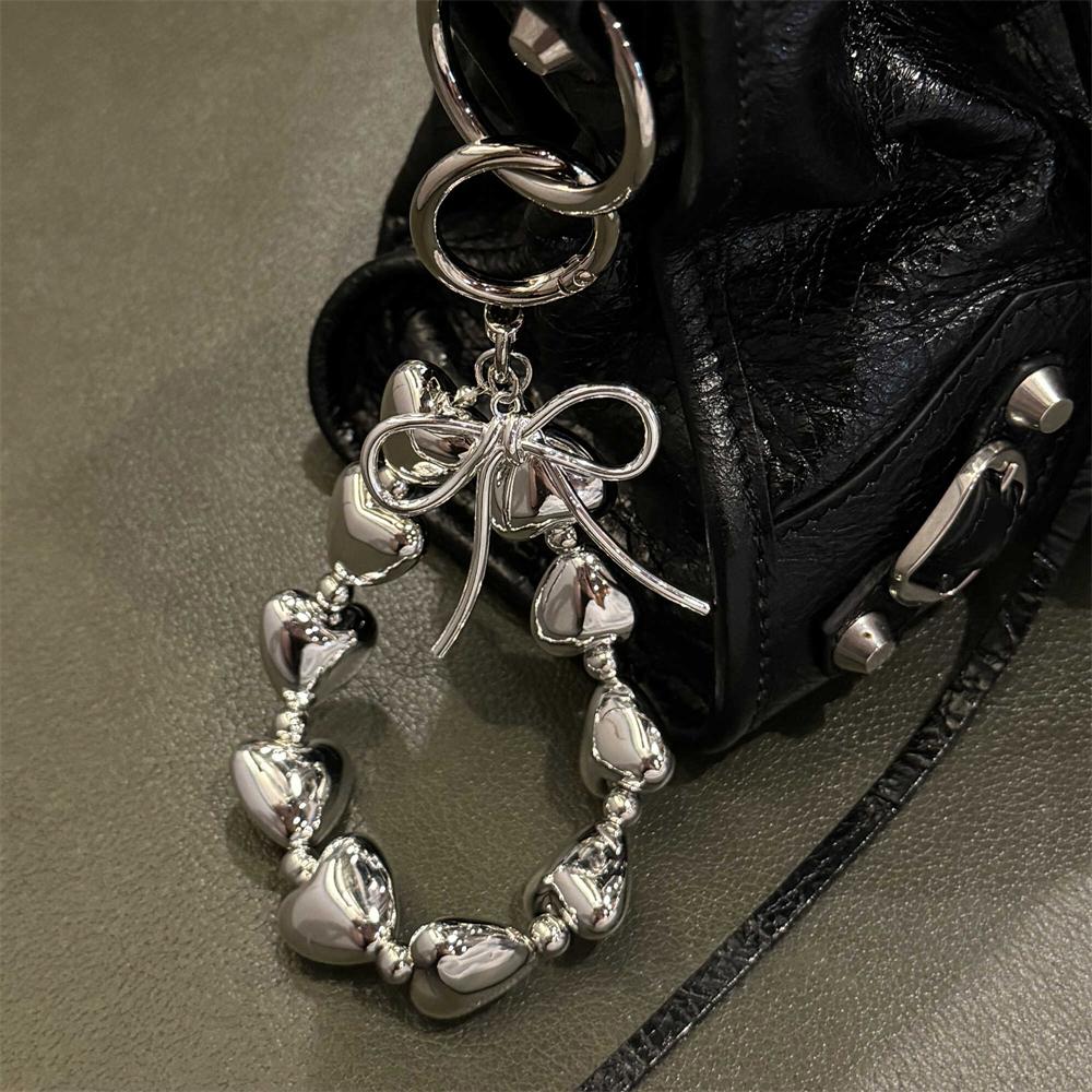 Plating Silver Heart Bowknot Pendant Strap For iPhone Bag Key Accessories Girl Phone Chain Keyring Bracelet Hanging Cord