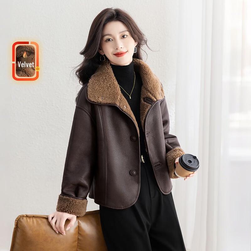Women's Fleece Lined Faux Leather Lapel Jacket