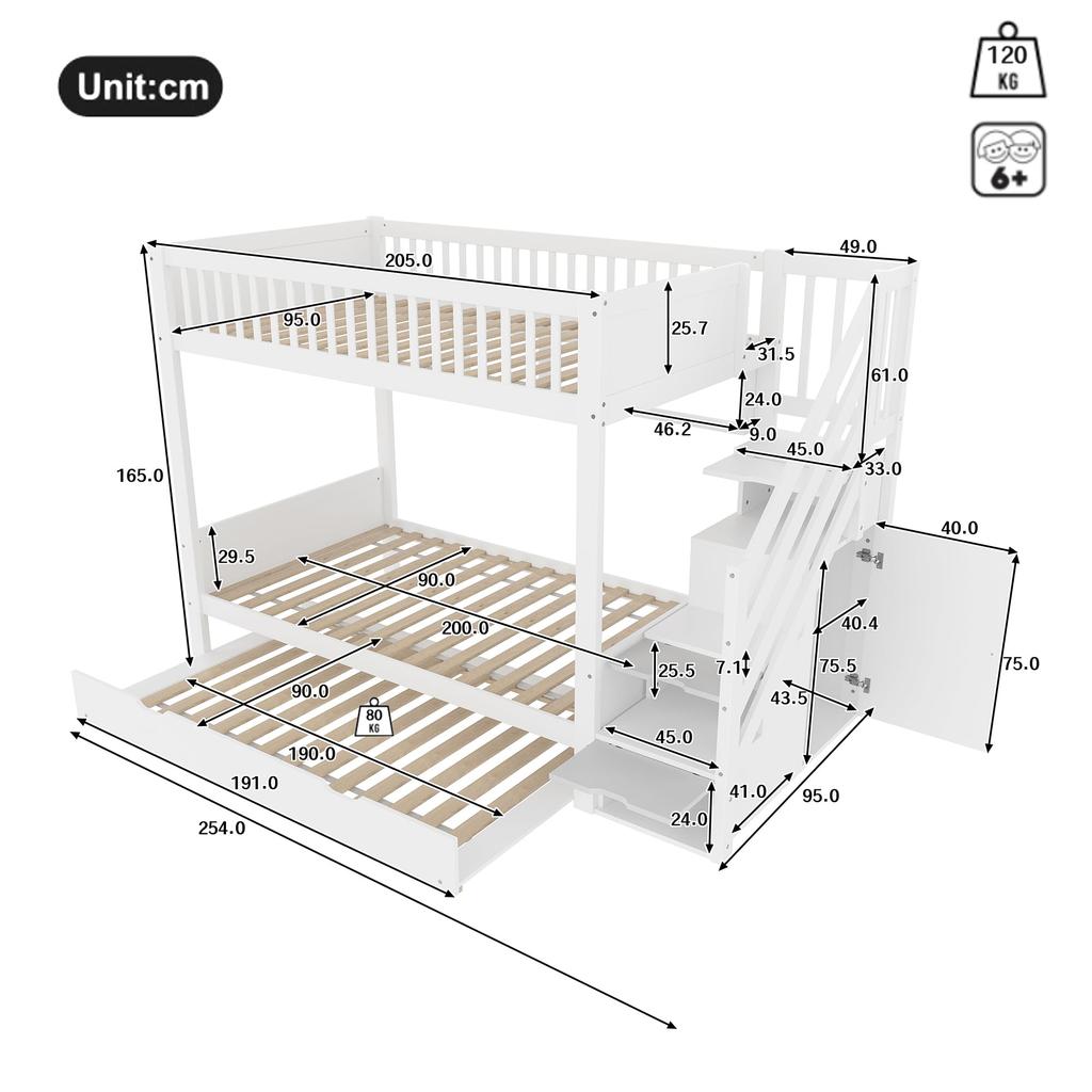 Etagenbett Kinder 90x200, Hochbett Ausziehbett, Kleiderschrank, Ablageleiter, Regal, Lattenrost, Kiefernholz, Weiß (ohne Matratze)