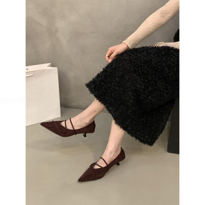 French kitten with suede red single shoes women's shoes spring temperament socialite black pointed high heels