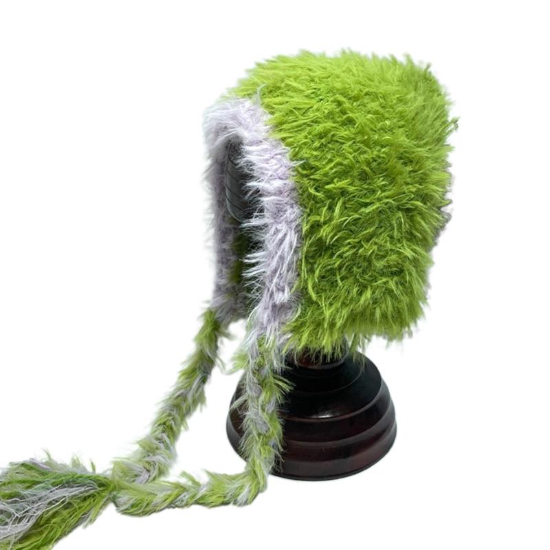 

Plush Color Matching Beanie Adult Elastic Hat Winter Warmer Knitted Hat Cold Winter Presents for Students Teenagers зелёный