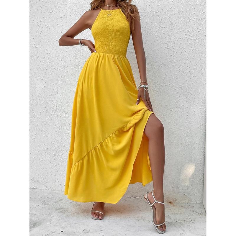 Módní sexy šaty bez rukávů pro ženy, letní prázdninové šaty s odhalenými zády a střihem, ležérní dlouhé šaty pro ženy, vintage nepravidelný vysoký pas, žluté šaty 26205