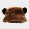 Women Winter Faux Fox Fur Bucket Hat Plush Bear Ear Thick Warm Cap Sweet Cool Outdoor Travel Hat