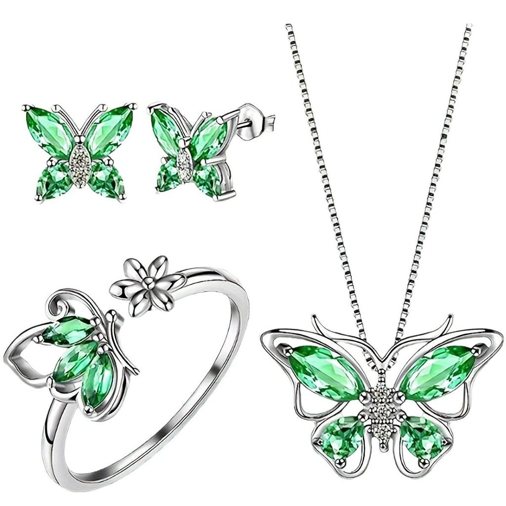 Four-piece set of butterfly stud earrings and rings with stylish, multicolored pendants, perfect for women's daily wear.
