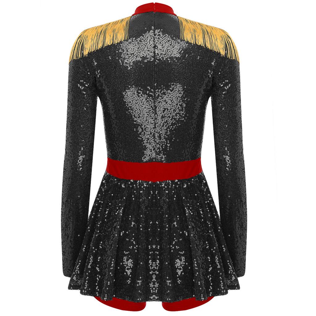 Damen Glänzendes Pailletten Zirkusdirektorin Kostüm Quasten Schulterklappen Rocked Boyshorts Body Halloween Turnanzug