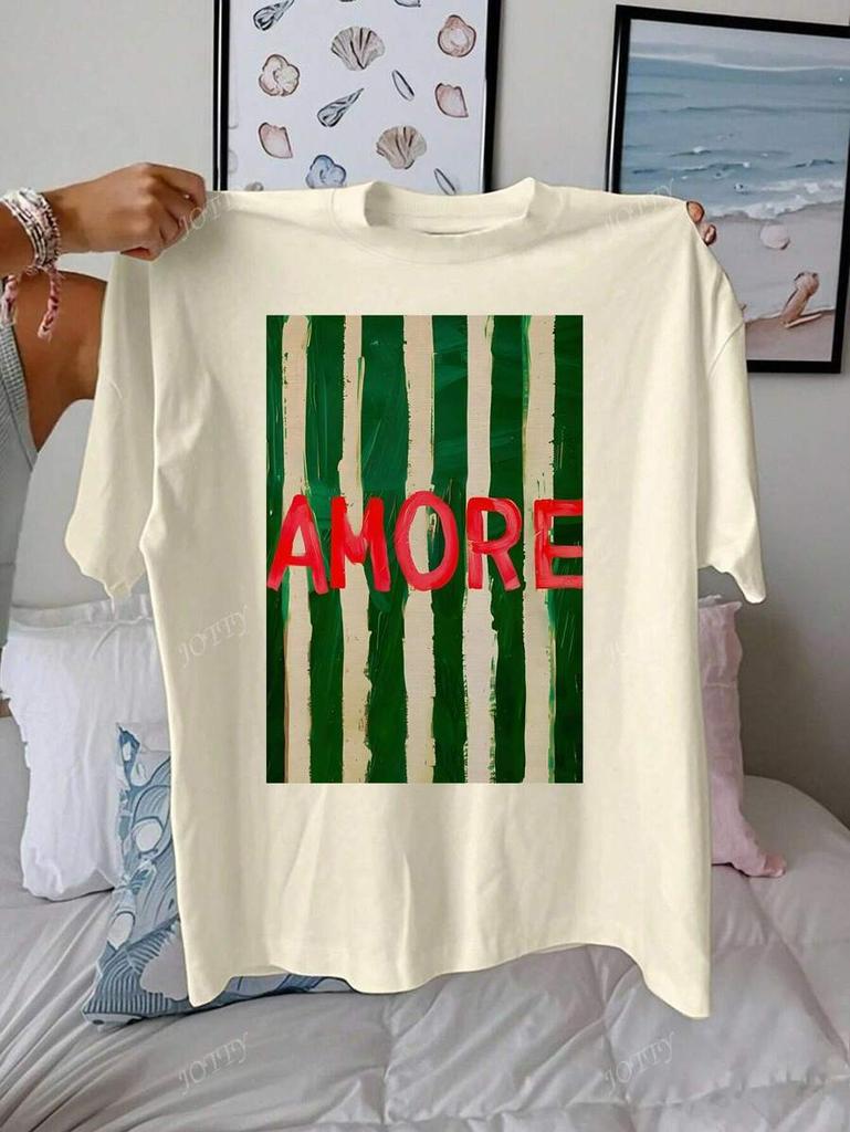 AMORE Striped Art Pattern Summer Outfits Unisex Casual Round Neck Short Sleeve TShirt Tops Beach Surf Tshirt