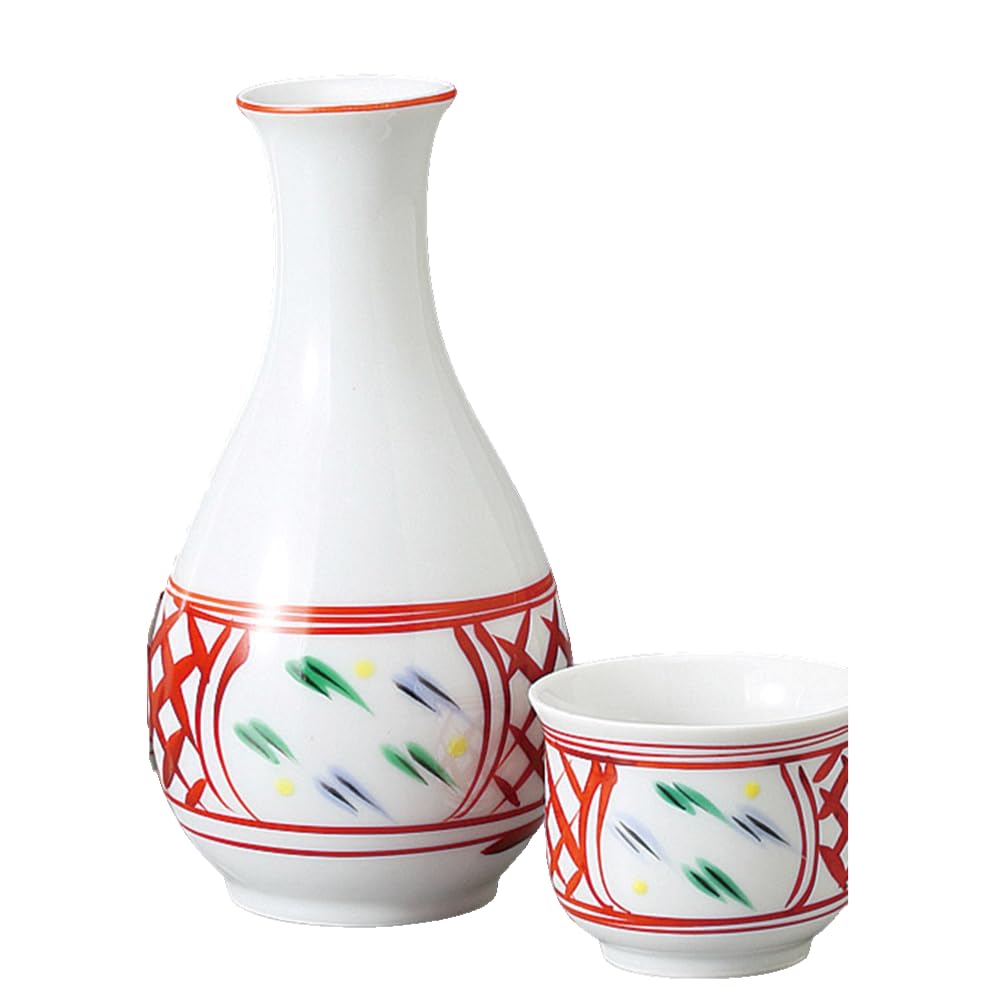 Sake Tokkuri and Ochoko 8cm Diameter X Large Size Mino Suitable for Hot Cold and Japanese Sake Ale-net Set, Set, 15.5cm High, 280ml, Red-painted
