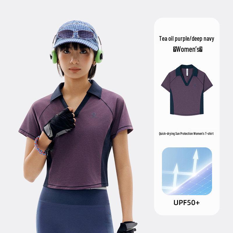 Tantuo Women s Quick-Dry UPF50+ Polo Collar Cropped Top - Short Sleeve, Breathable, Color Block. M