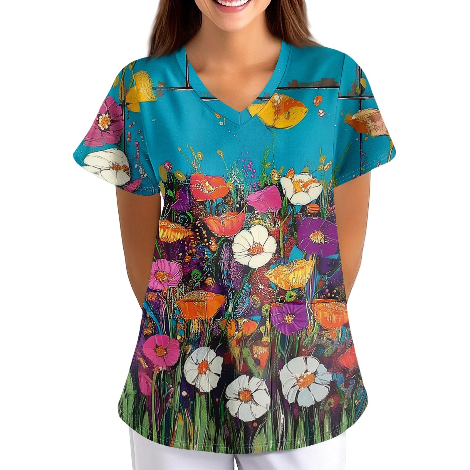 

Women s Floral Print Loose Fit V Neck Short Sleeve Medical Scrub Top with Pockets Suitable for Healthcare Professionals and Nurses XL