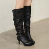 Personality Trendy Cool Belt Buckle Middle Heel Knight Boots Women'S Autumn And Winter Square Head Versatile Thin Heel But Knee Boots
