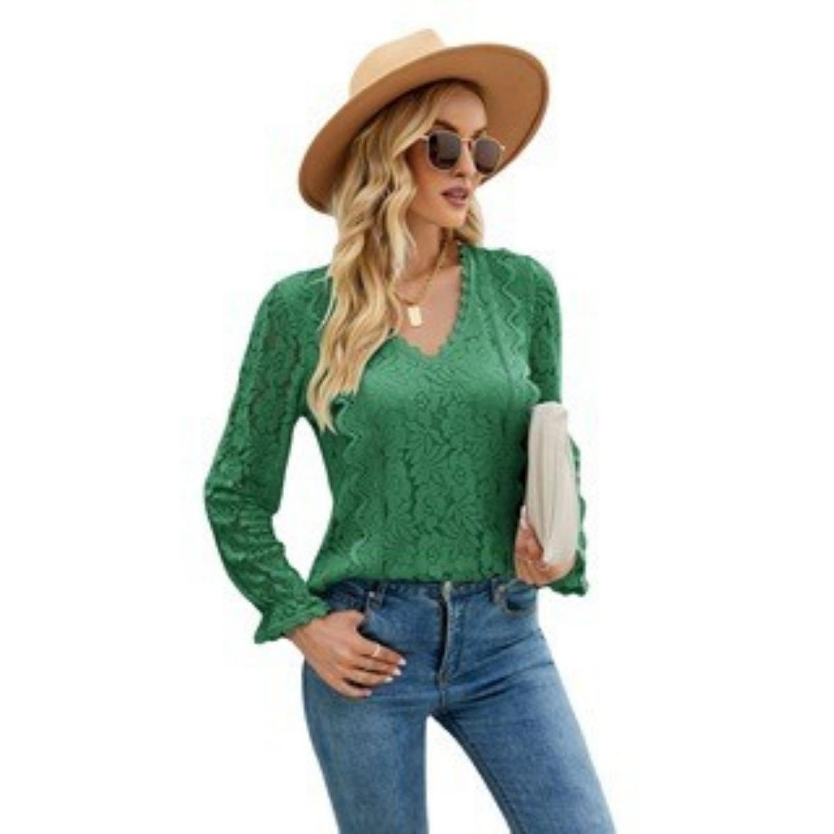 

Women s Solid Hollow Lace Long Sleeve Sexy Knit Lace Top Autumn For Europe America S темно-зеленого