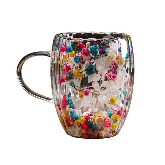 Double-Walled Glass Mug with Dried Flowers 250/350ml Heat Resistant Handle Coffee Cup for Hot Drinks Unique Artistic Glassware