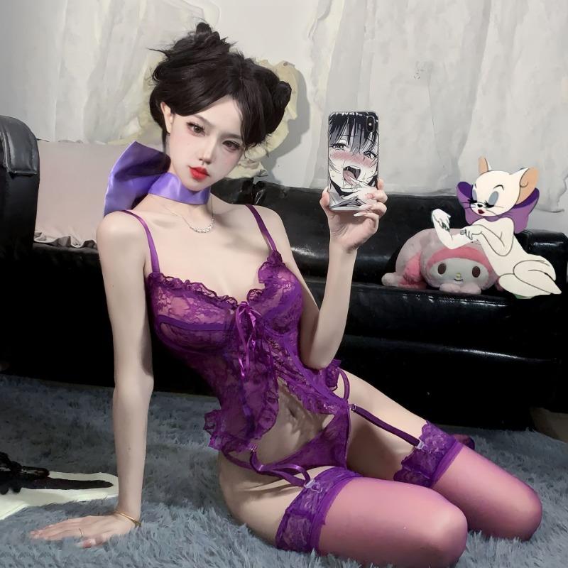 Sex underwear lace pure desire hollow set pajamas purple waist uniform body sculpting temptation split set