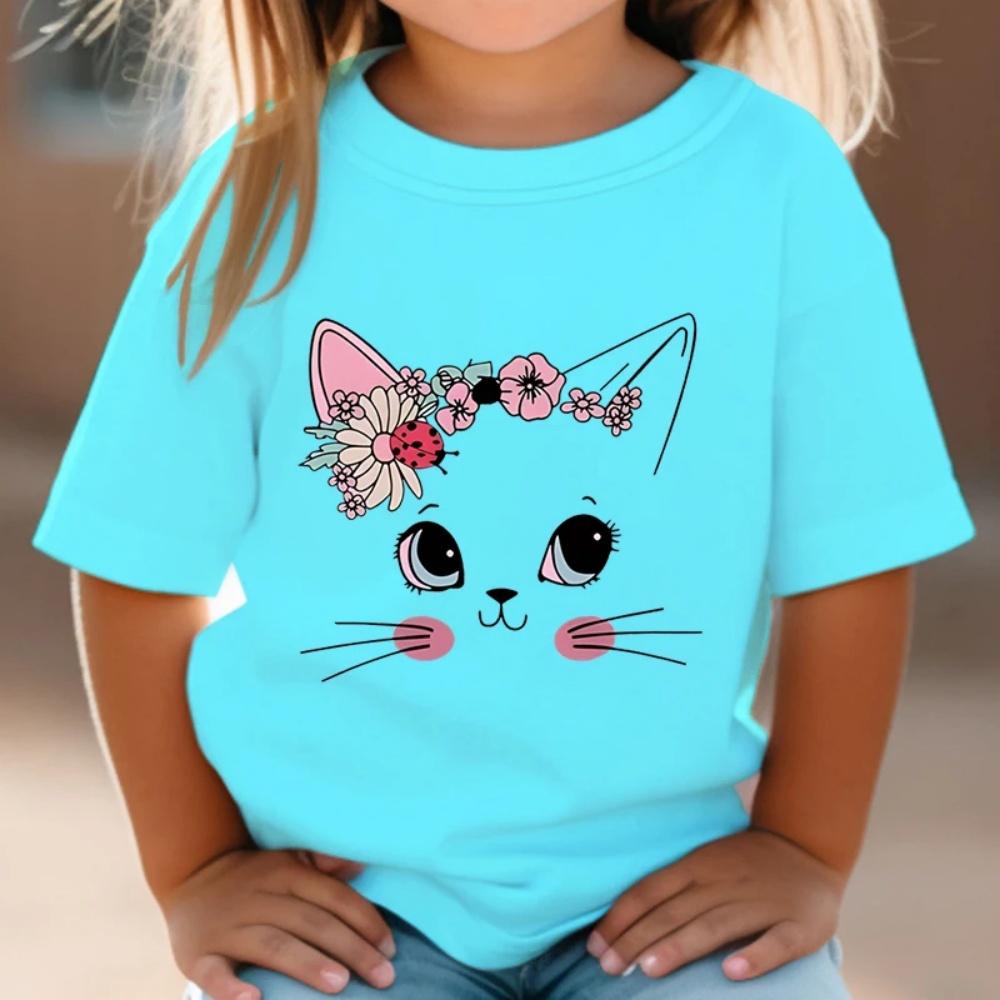 Girl Clothes Cute Floral Cat Pattern Summer Short Sleeve Tops Animal Cartoon Print Tees Fashion O-Neck Loose Children's Clothing