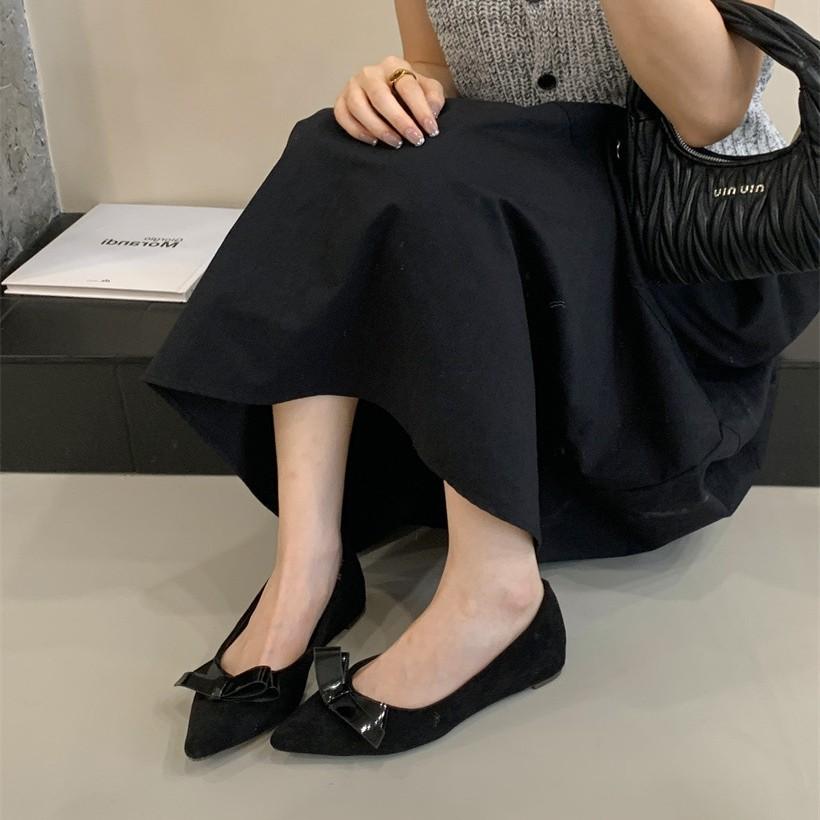 2025 new four-season one-pedal French stunning bow shallow mouth pointed head flat sole shoes women