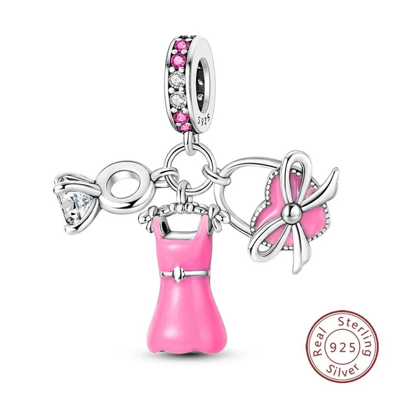 100% Copper Fashion Pink Princess Skirt Bag Lipstick Charms Beads Fit Original Bracelets Diy Jewelry Gifts