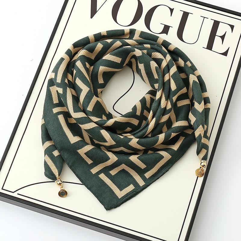 Women's 65" Silk Square Scarf with Magnetic Buckle – Autumn/Winter Print, Fashionable & Versatile Triangle Snood