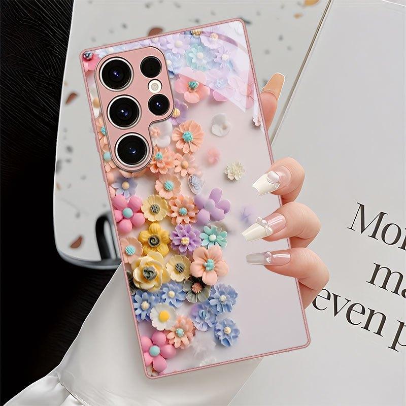 Colorful Floral Pattern Metal Paint Glass Phone Case Suitable for Samsung Galaxy S26 S25 S24 S22 S21 S20 FE/Ultra/Plus Anti Drop