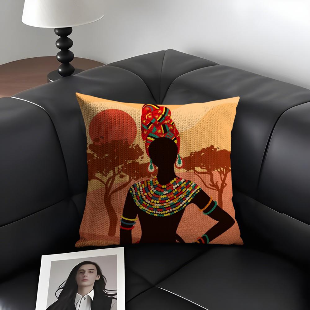 African Women Cushion Cover Natural Linen Organic Fabric Double-Sided Printing Sofa Home Decor Gift Pillow Case
