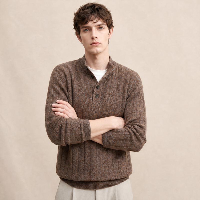 JOW Men's Heavyweight Pure Wool Henley Knit Sweater