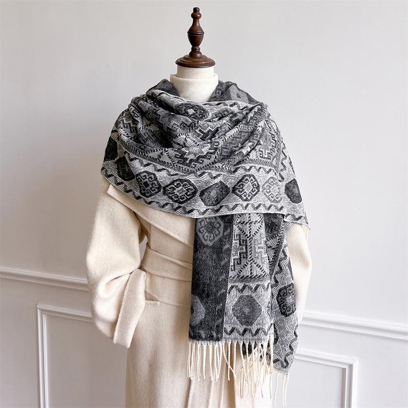 Winter Cashmere Jacquard Pashmina Tassel Scarf Cold Weather Scarves Shawls Wraps Women Girls Thick Blanket Warm Poncho Stoles