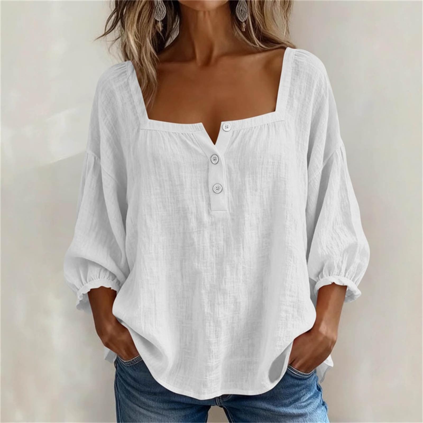 

Women 3/4 Sleeve Tops Button Up Square Neck Blouses Loose Casual Cotton Linen Tops XL білий