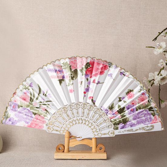 Kinesisk stil Folding Fan Hot Stamping Silke Stoff Håndholdt Fan med gullkanten blomstermønstre