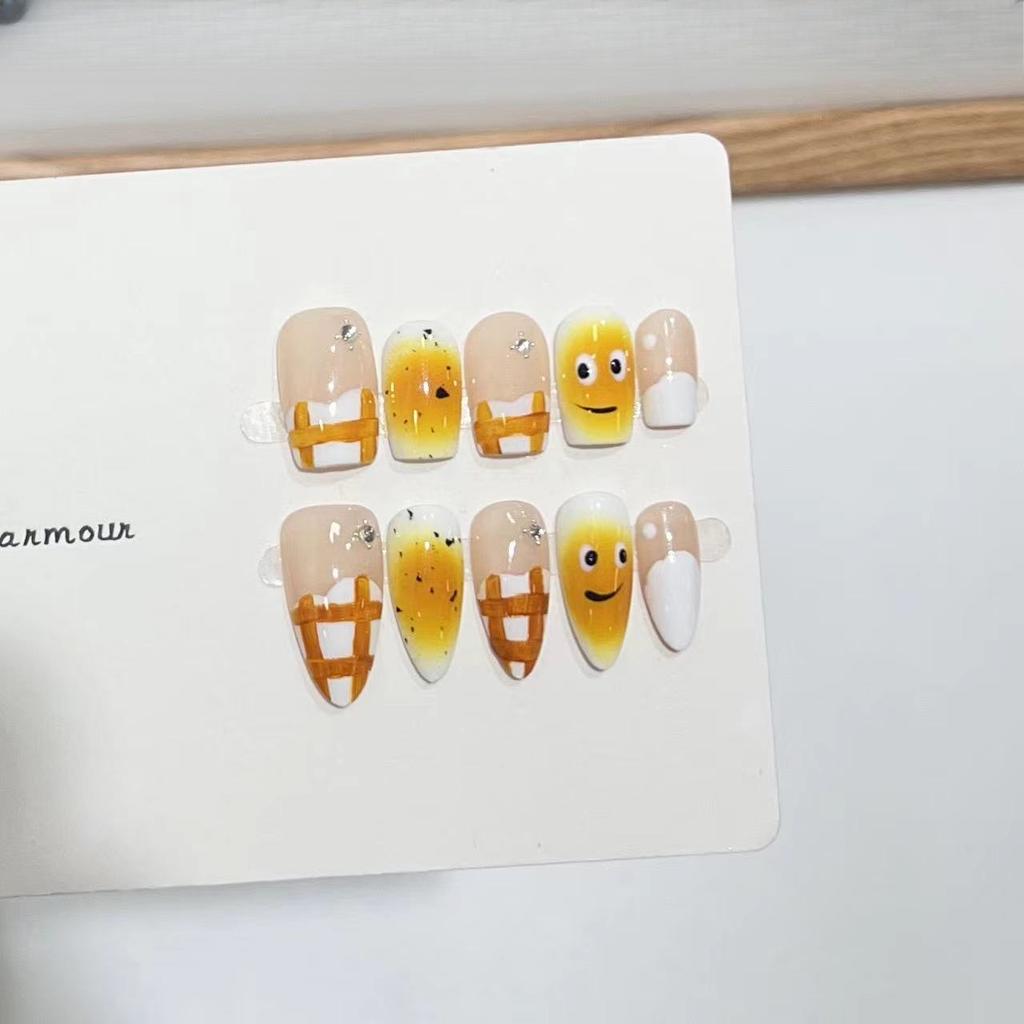 Pure Hand-wearing Nails Ins Cute Egg Treasure French Hand-painted Manicure Finished Product Detachable Fake Nail Patch