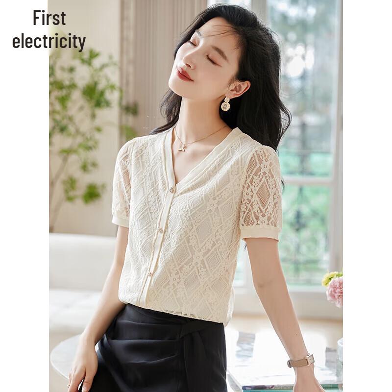 Chushen V-neck Lace Short Sleeve Shirt M