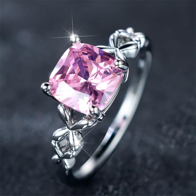Luxury Female Pink Zircon Stone Ring Trendy Silver Color Cute Wedding Jewelry Gift For Women