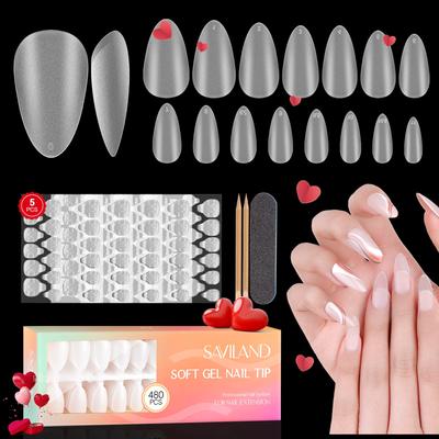Dicas de Unha Saviland Ultra Finas, Conjunto de 480 Peças, Pré-Lixadas, Fosco Transparente, Encaixe Natural, 15 Tamanhos, Amigável para Iniciantes, Alongamento de Unha DIY, 03