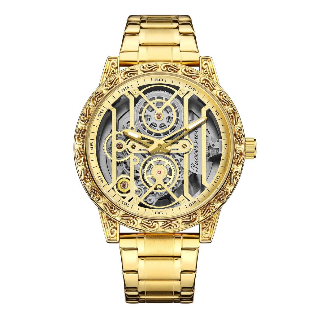Luxus Retro Skelett Quarz Uhr für Herren Geschnitztes Lünettengehäuse Edelstahl Wasserdicht Leuchtendes Armband für Herren