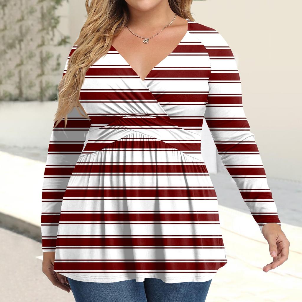 Women's Plus Size Shirt Long Sleeve  Print Top Pleated Casual V-Neck Top